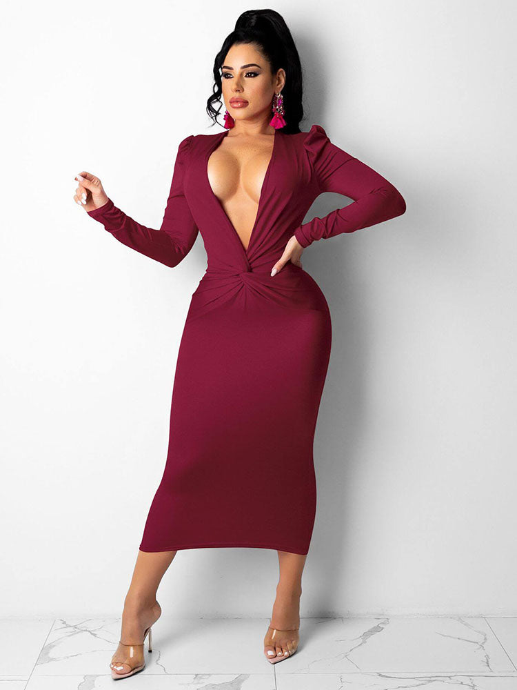 Long Sleeve V Neck Twist Front Bodycon Midi Dresses