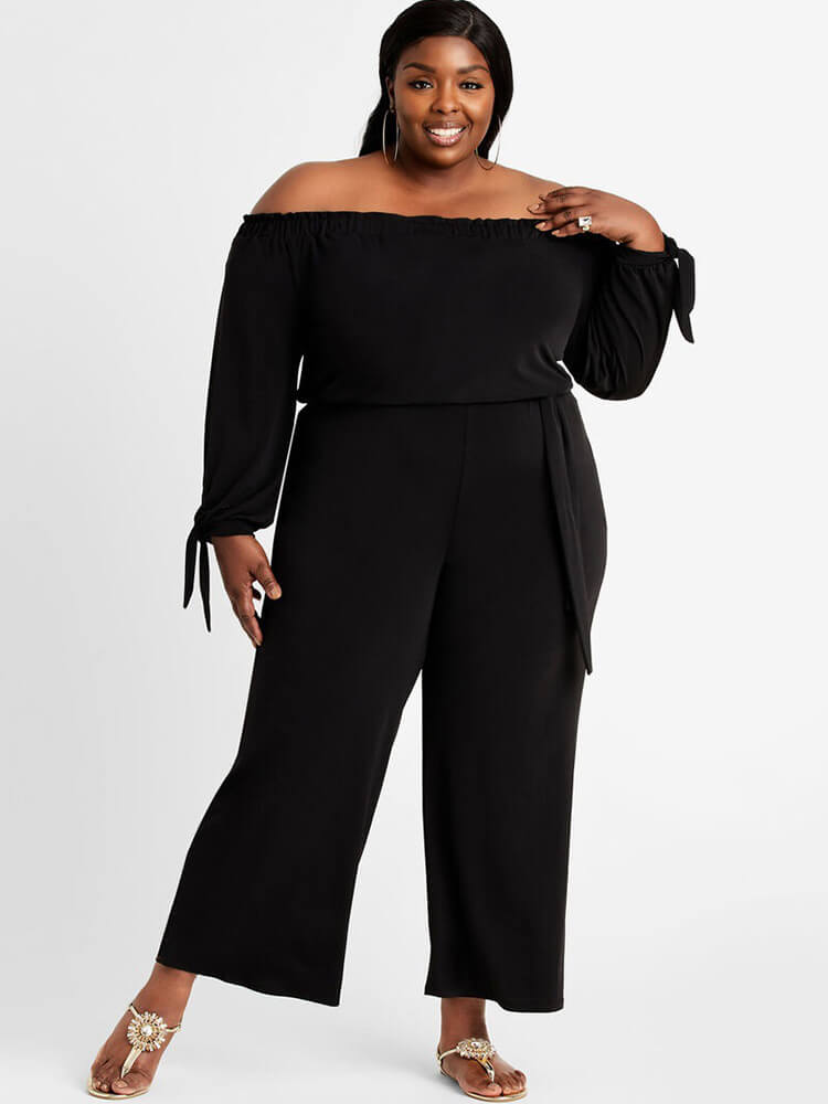 Plus Size Off Shoulder Long Sleeve Long Pants Jumpsuits