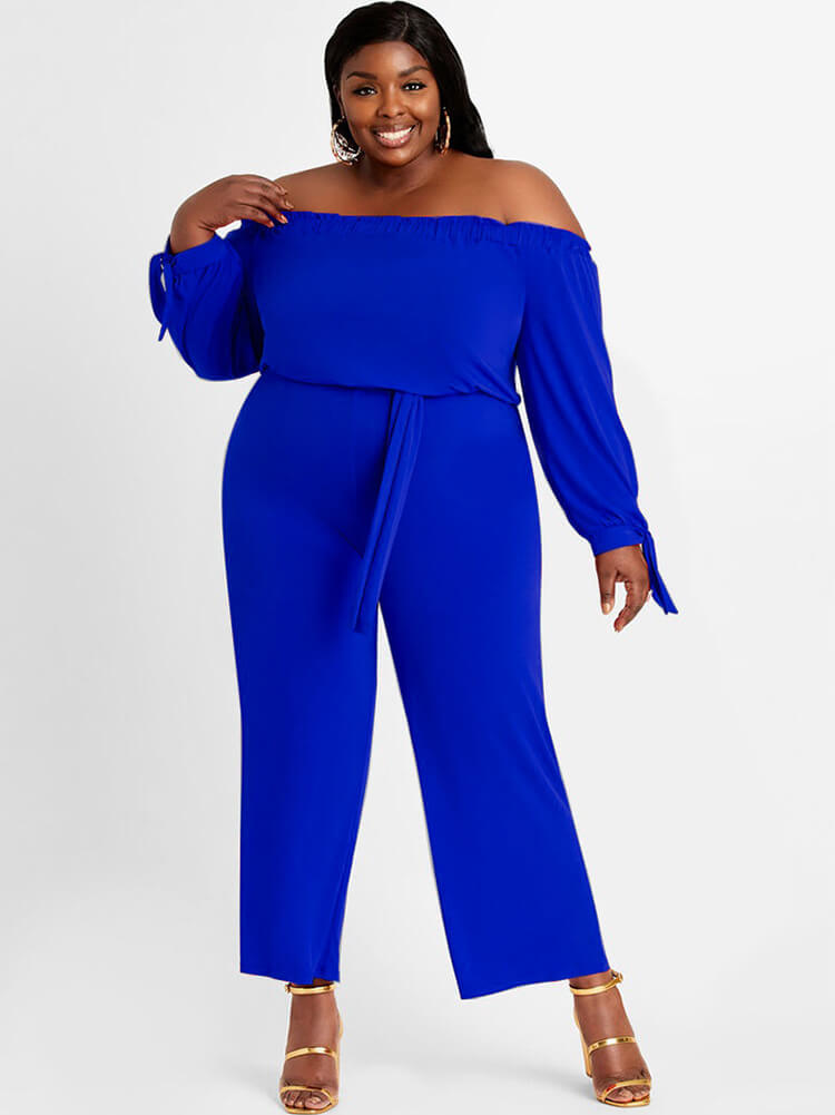 Plus Size Off Shoulder Long Sleeve Long Pants Jumpsuits