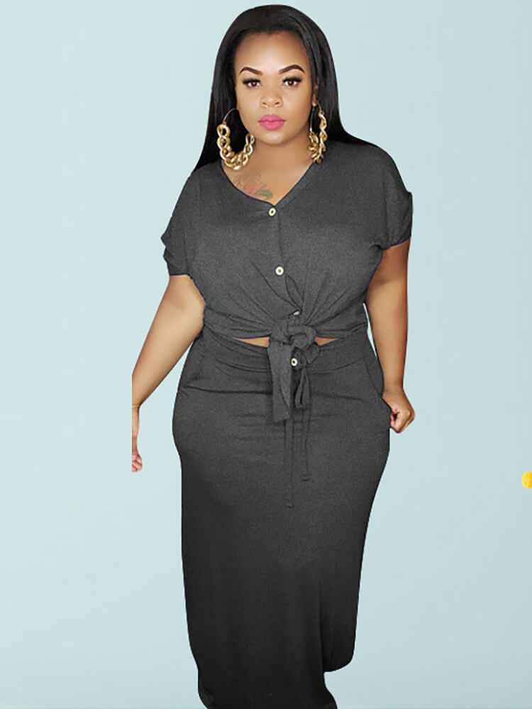 Plus Size 2 Piece Button Twist Knot Top+Pocket Skirt Set