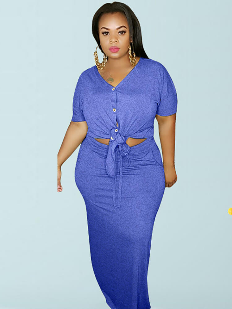 Plus Size 2 Piece Button Twist Knot Top+Pocket Skirt Set