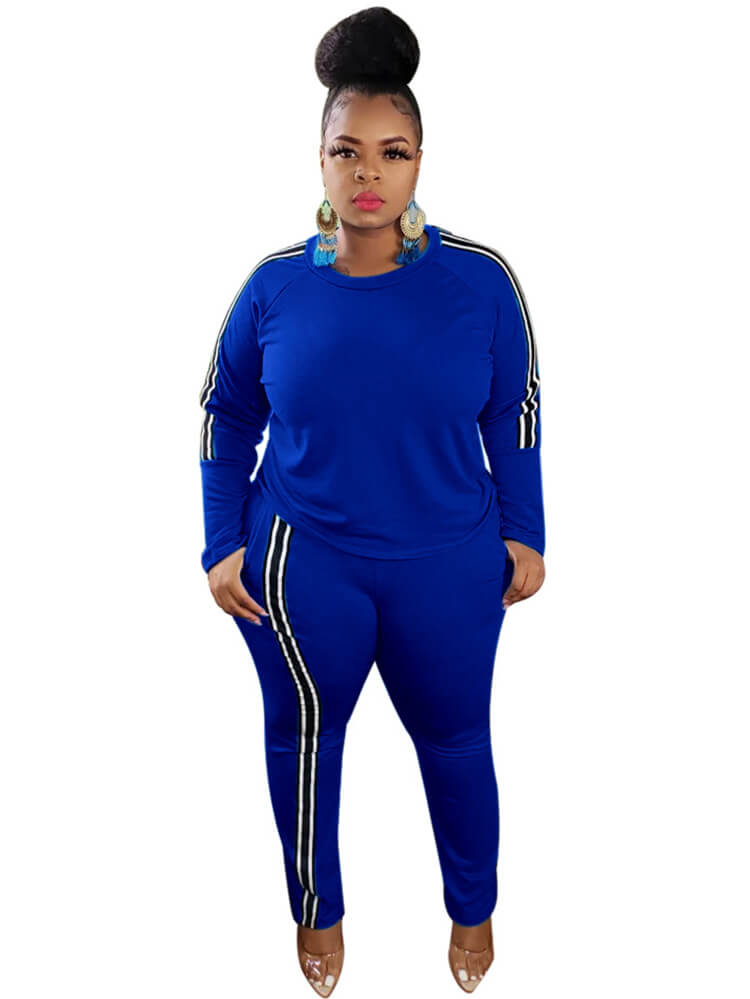 Plus Size Two Piece Stripe Long Sleeve Tops + Pants Sets