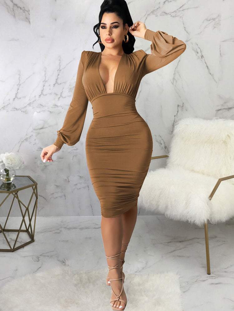 V Neck Ruched Long Sleeve Midi Dress