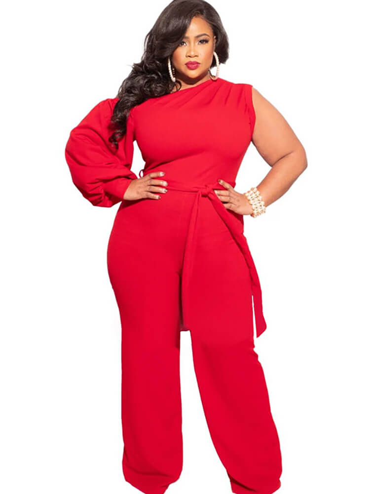 Plus Size Puff Sleeve Belted Wide Leg Pant Jumpsuits