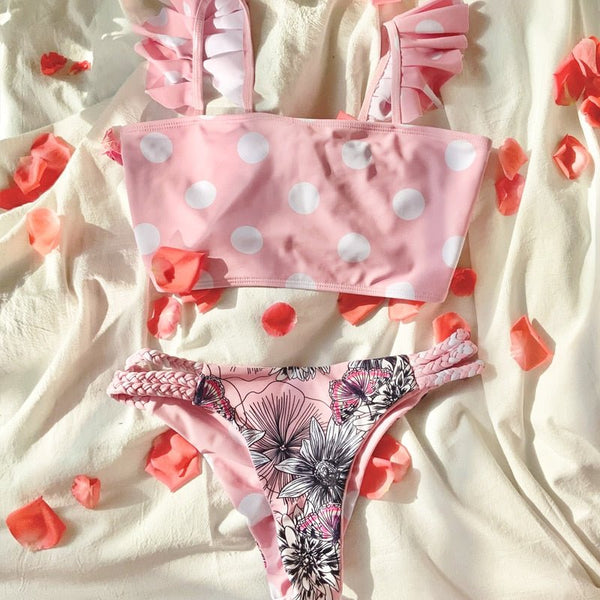 Sexy Pink Ruffle Strapped Bikini