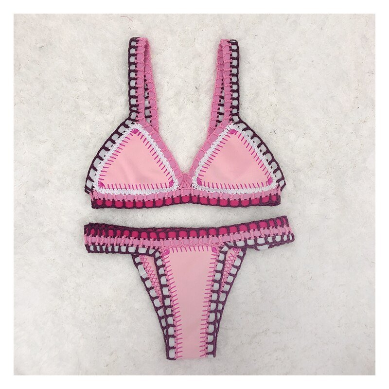 Sunset and Swim Sexy Handmade Neoprene Crochet Pink Bikini Set