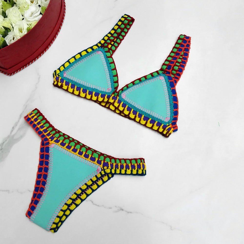 Sunset and Swim Sexy Neoprene Crochet Triangle Bikini Turquoise