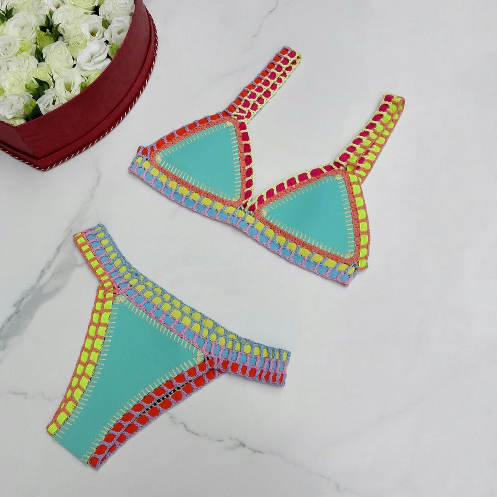 Sunset and Swim Sexy Neoprene Crochet Triangle Bikini Turquoise