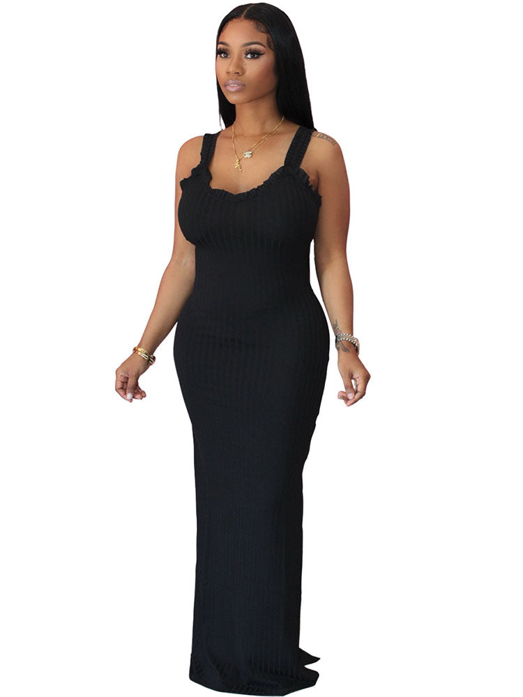 Spaghetti Strap Bodycon Ribbed Knit Maxi Dresses