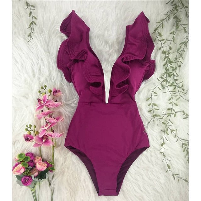 Veronica Deep V-neck Ruffle Shoulders Swimsuit